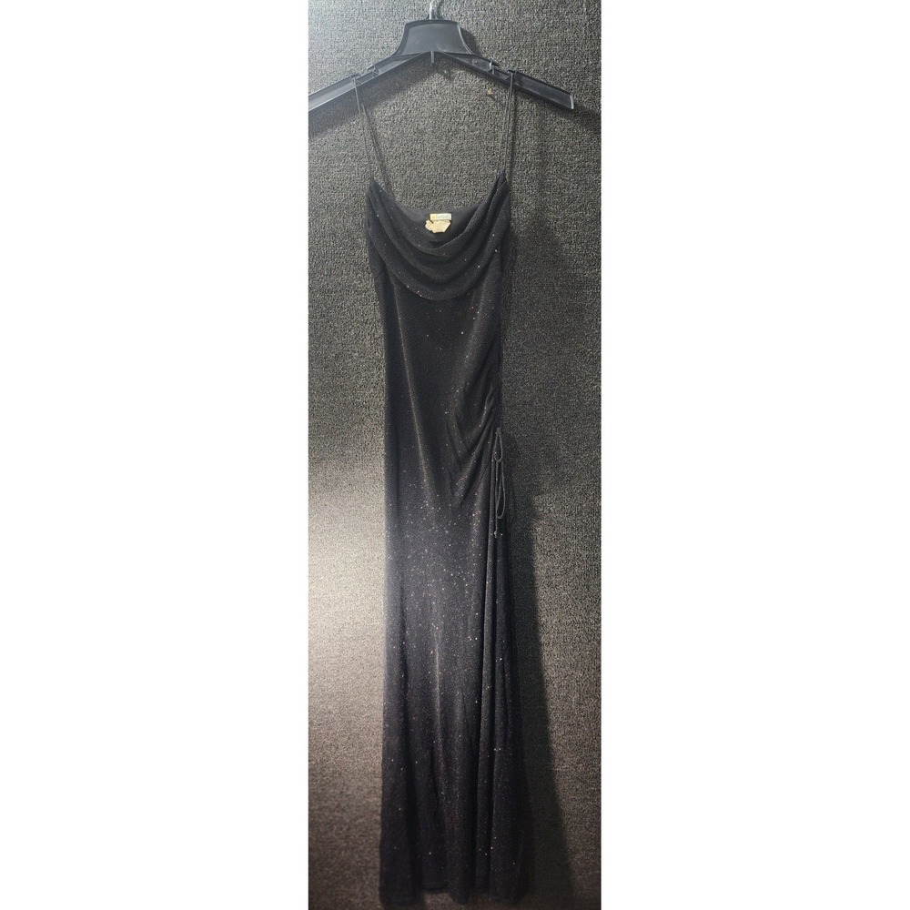 A Fortiori Black Shimmer Cowl Neck Maxi Dress Vintage 90s Side Ruched Gown M